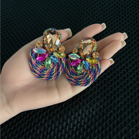 Bold MultiColor Rhinestones & Rope Dangle Earrings - Post Back - Picture 1 of 7